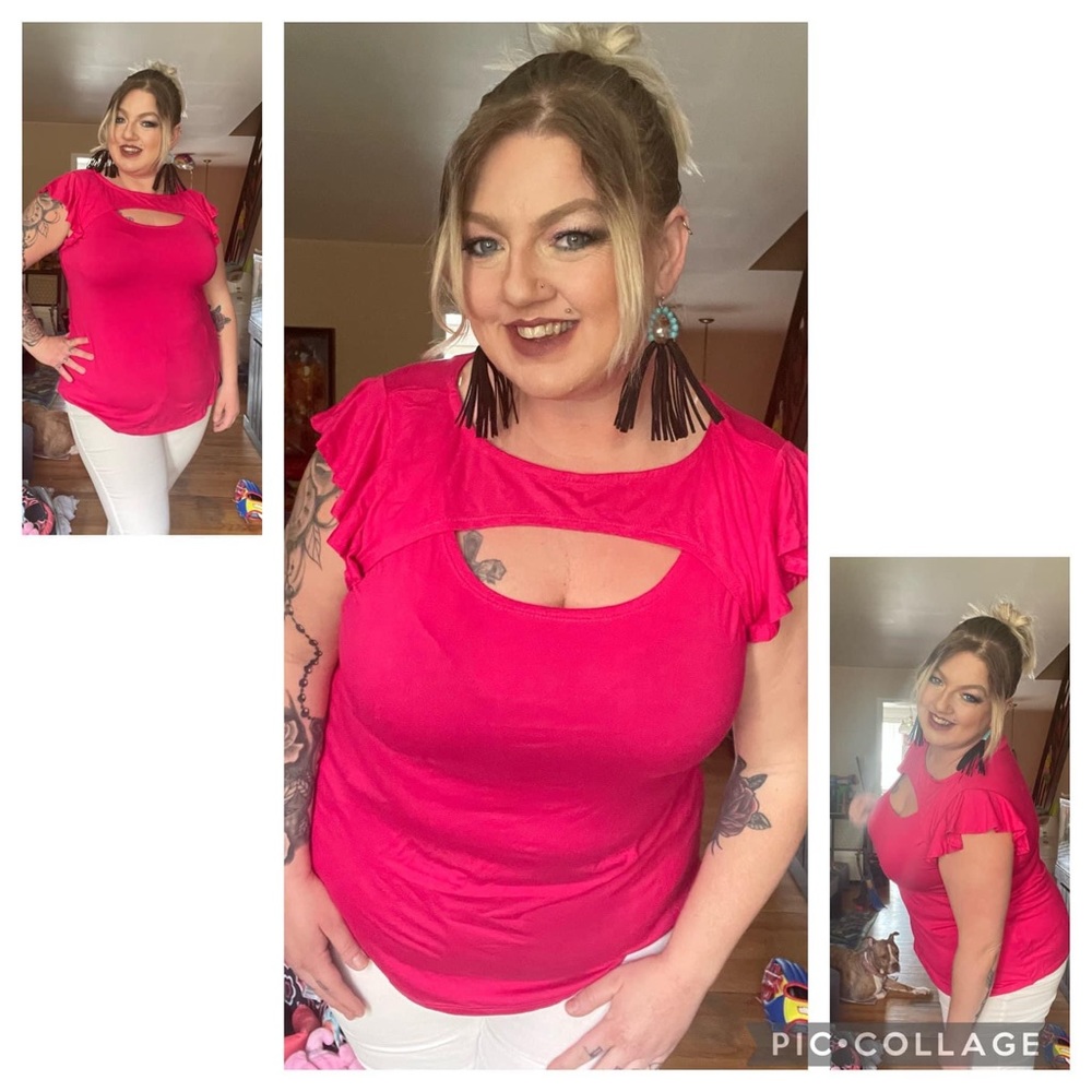 Fuschia Cut Out Ruffle Short Sleeve Top Plus Size